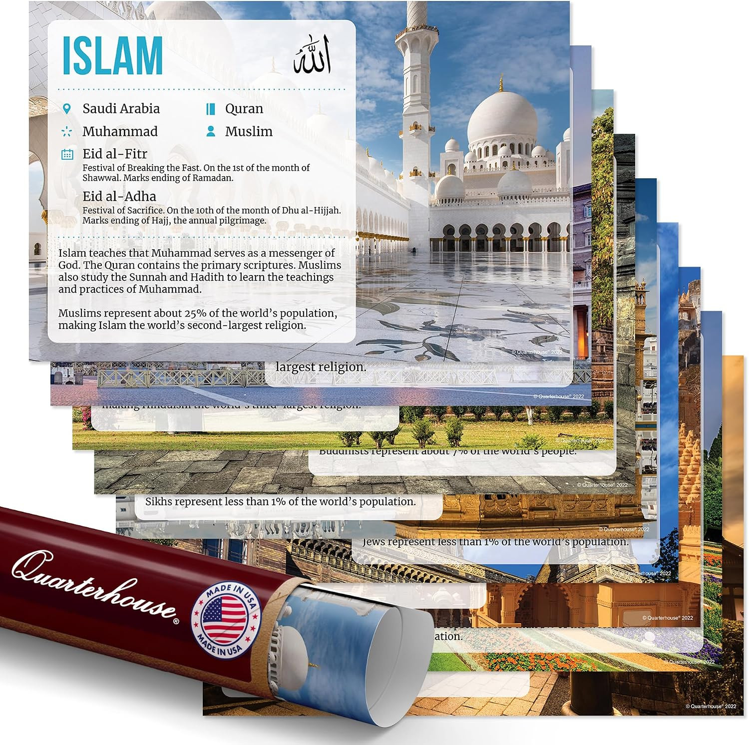 9 Poster World Religions Classroom Set | Made in USA 12 X 18 Inch