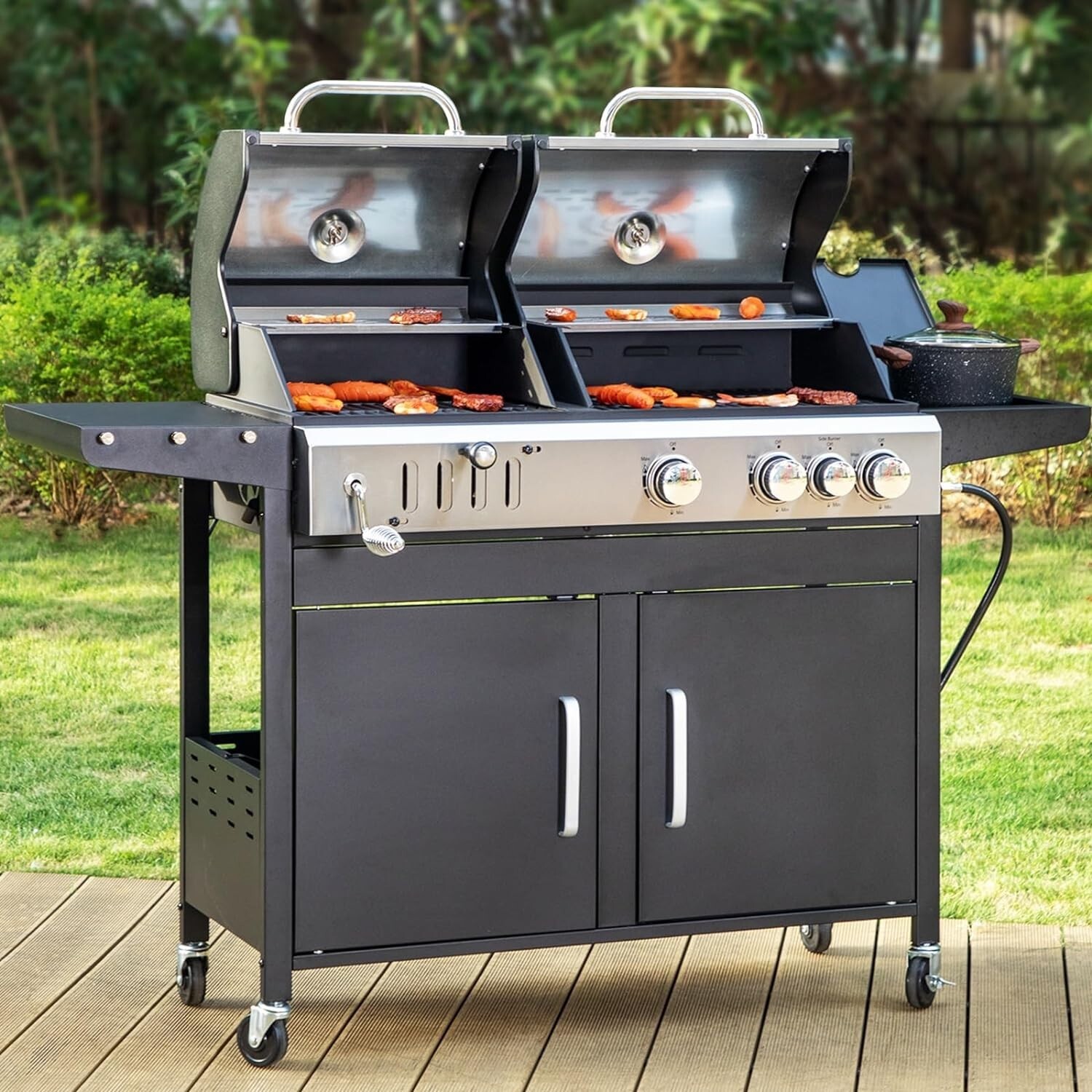 Gas Charcoal Combo Grill Dual Fuel Outdoor BBQ 4 Burner with Side Burner Black