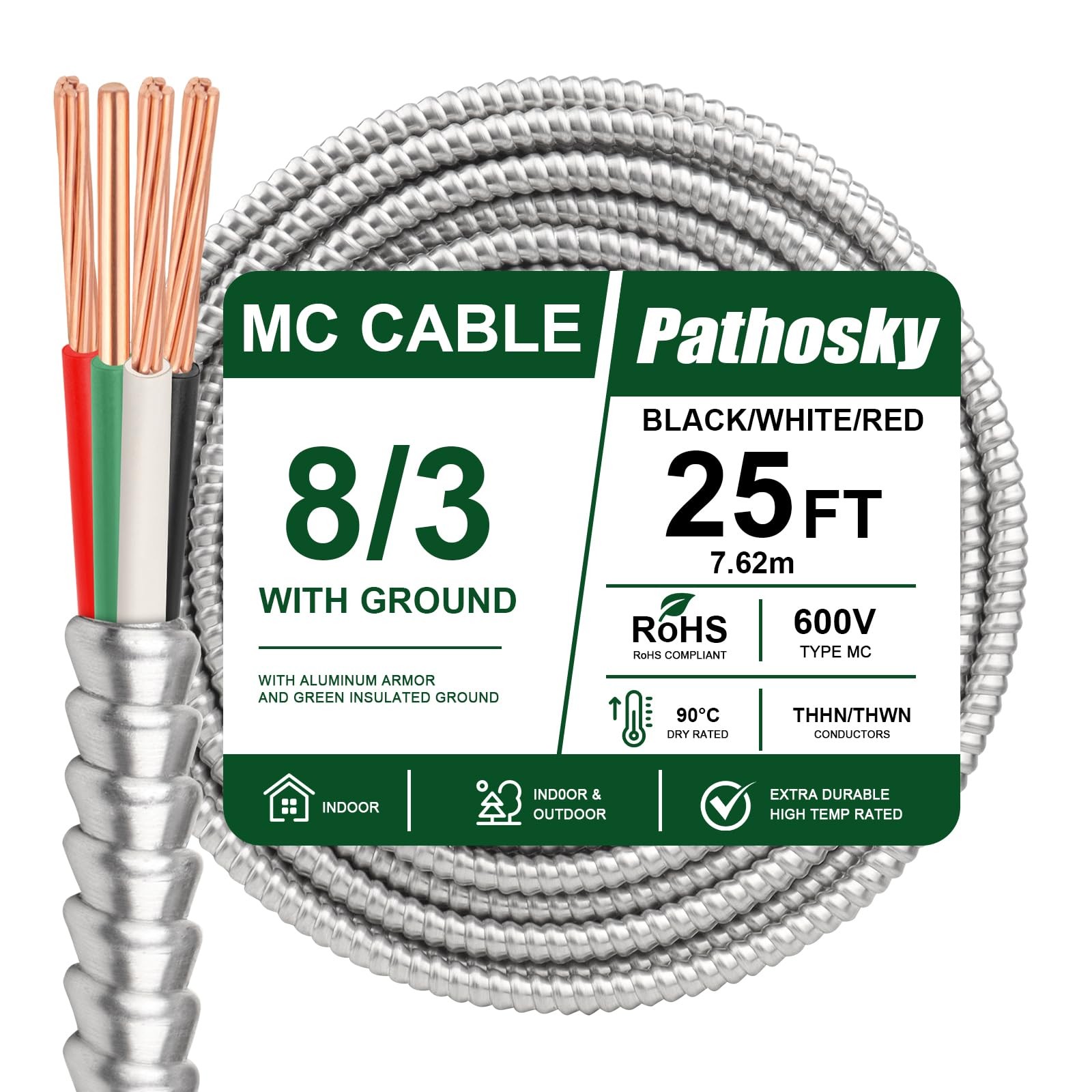 Pathosky 8/3 MC Cable 25 FT, Metal Clad Electrical Wire with Green Insulated ...
