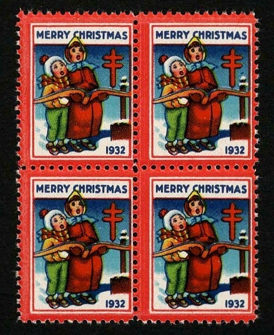 1932 WX66 Carolers Singing Printer\'s Mark Block of 4 US Christmas Seals Mint MNH