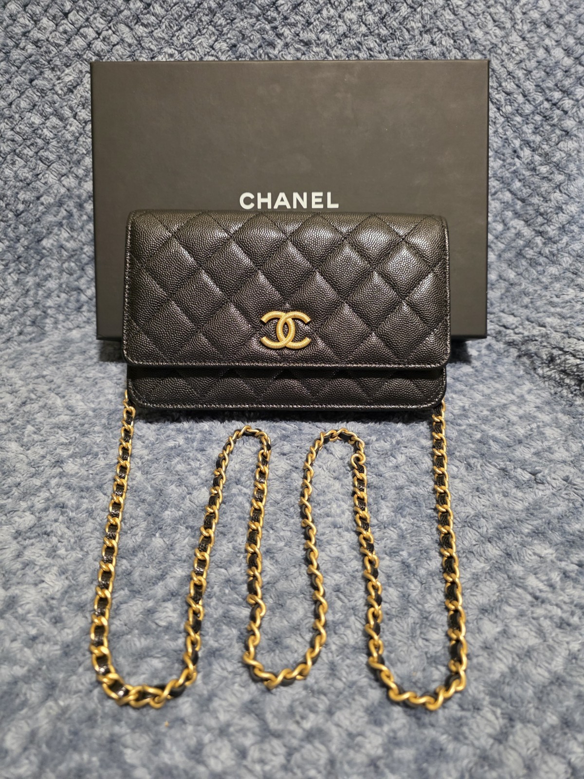 Chanel Classic Gold Tone Wallet On Chain Quilted Caviar Leather Handbag - Black