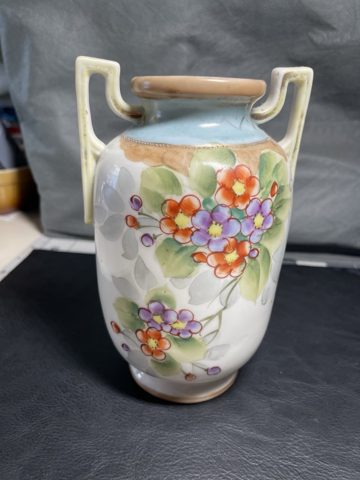 Antique Imperial Nippon Hand Painted Floral Double Handle Porcelain Vase 8\ Antique Imperial Nippon Hand Painted Floral Double Handle Porcelain Vase 8\
