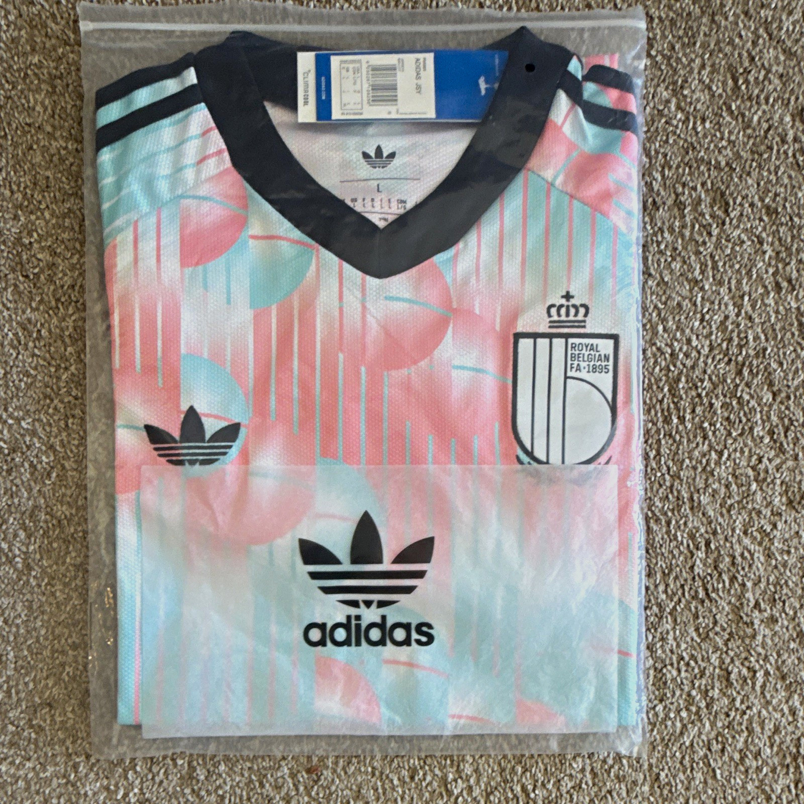adidas Belgium Soccer Jersey Shirt Size L Pink Blue White Floral V-Neck Crest