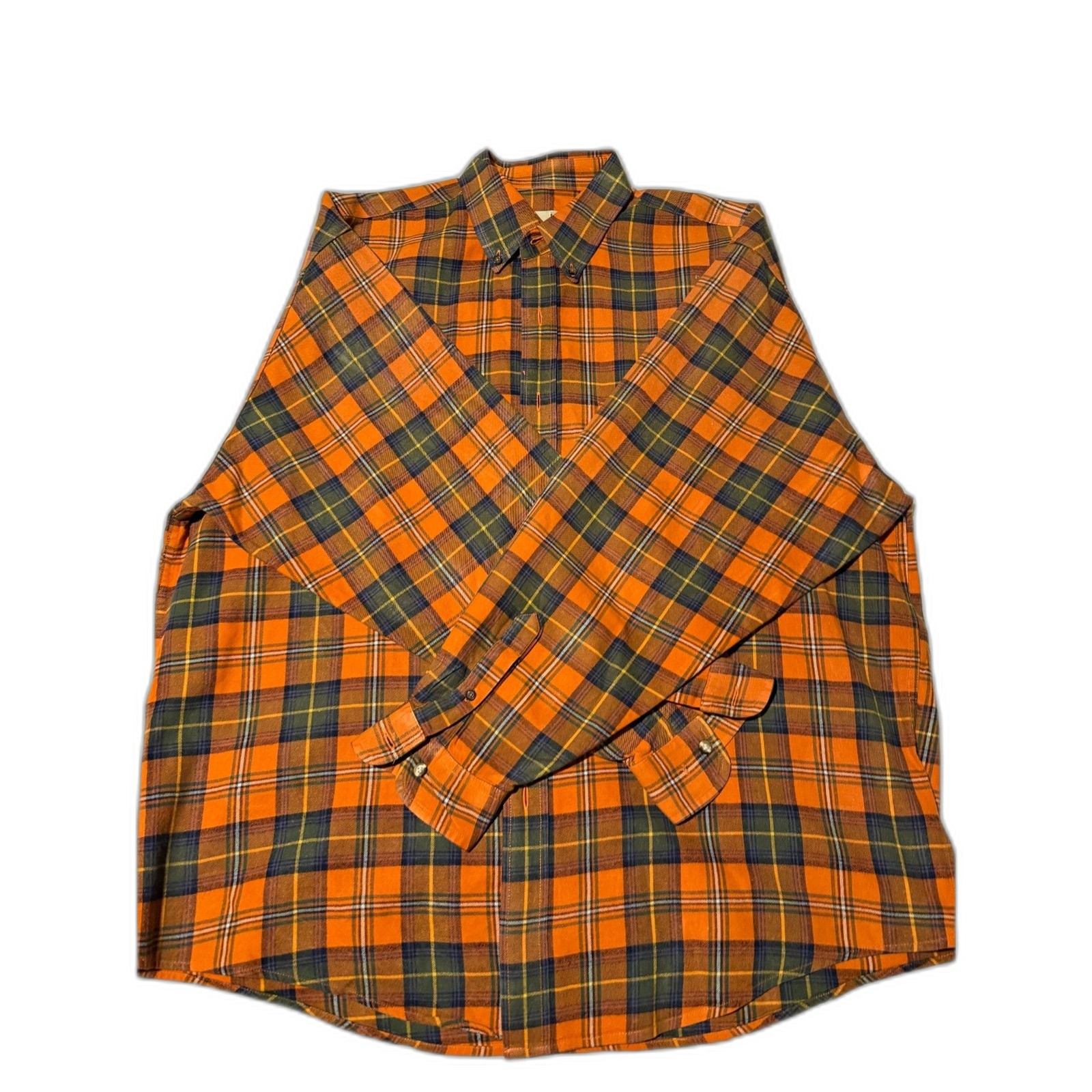 Vintage 90s Eddie Bauer Flannel Button-Down – Orange/Green Plaid – Men\'s XL