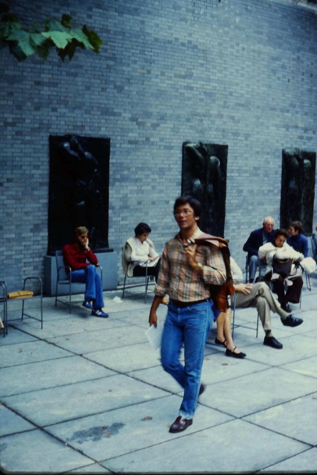 c1970's 35mm Slide, Man Plaid Shirt Urban Street Scene People plaza Wall Person
