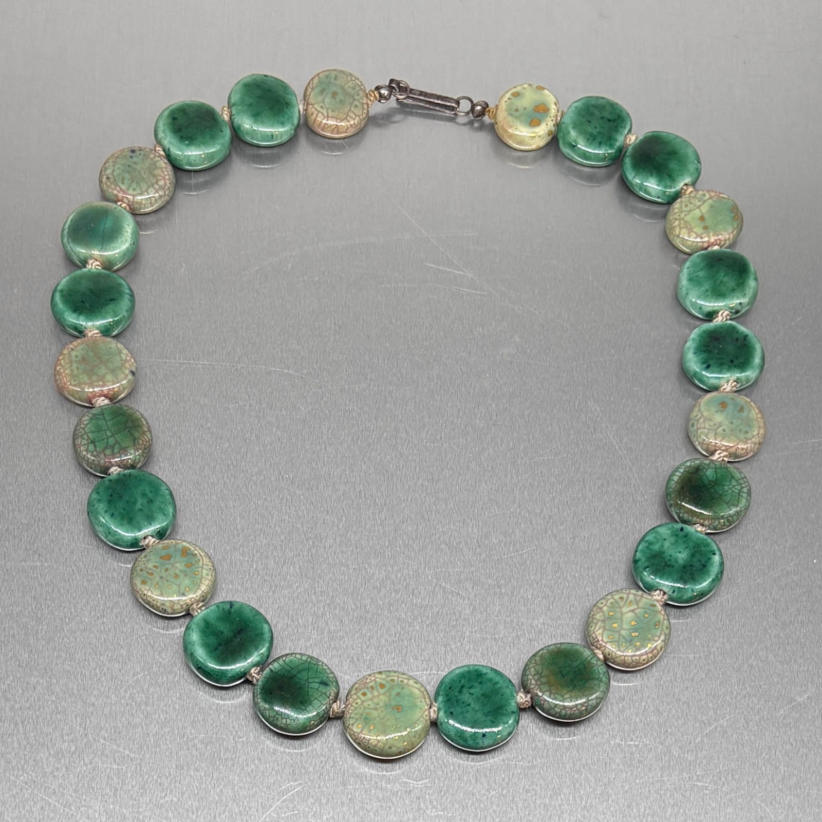 Vtg MID CENTURY STUDIO POTTERY NECKLACE Modernist Ceramic Bead Sterling Clasp
