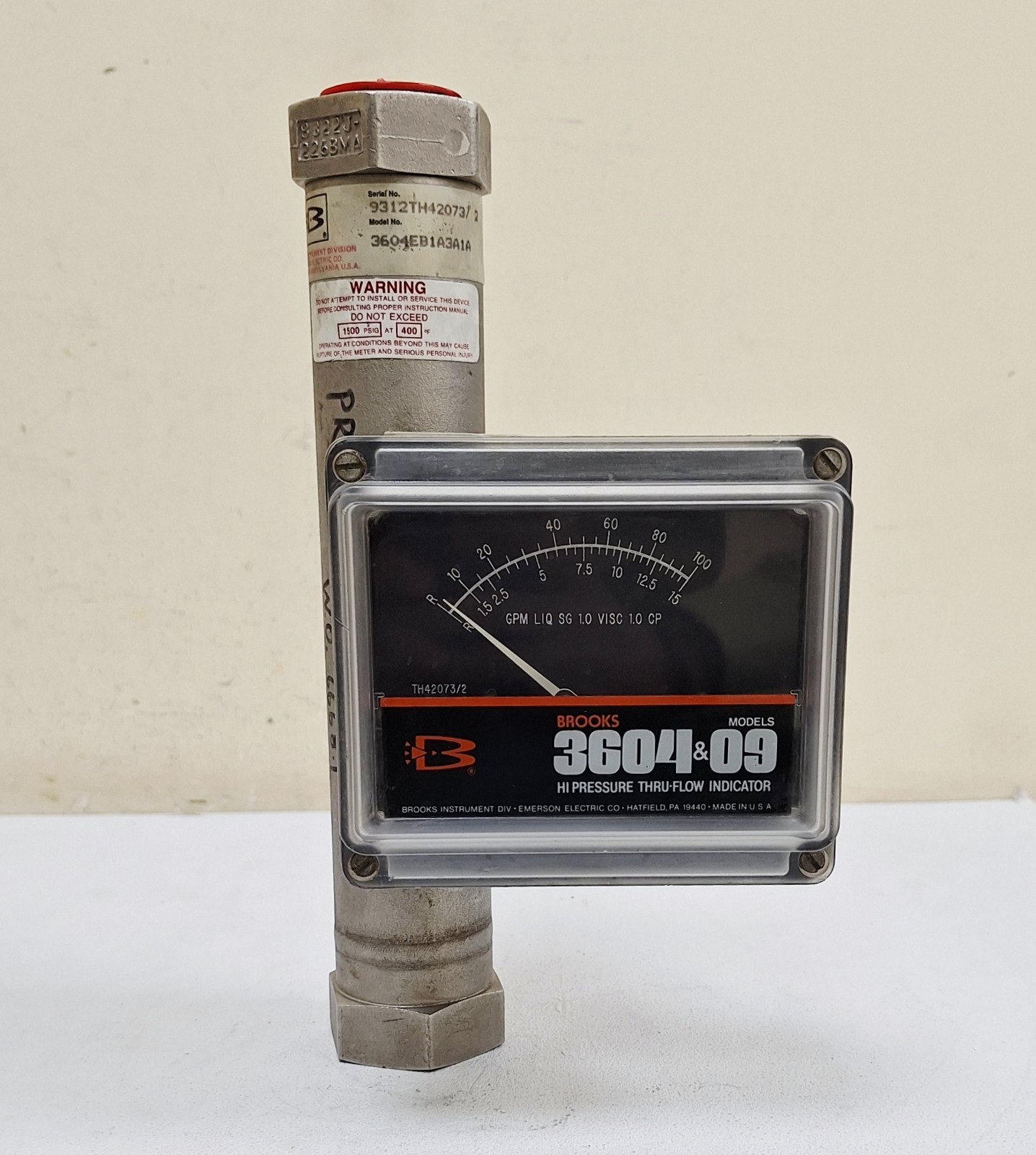 Brooks Instruments 3604EB1A3A1A / 3604&09 Hi Pressure Thru-Flow Indicator 1.5-15