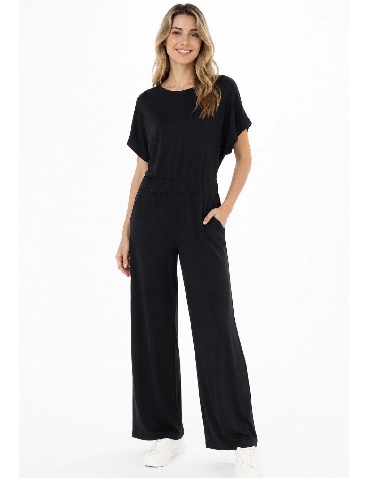 SPANX AirEssentials Jumpsuit PETITE Small Black Wide Leg Dolman Sleeve Travel