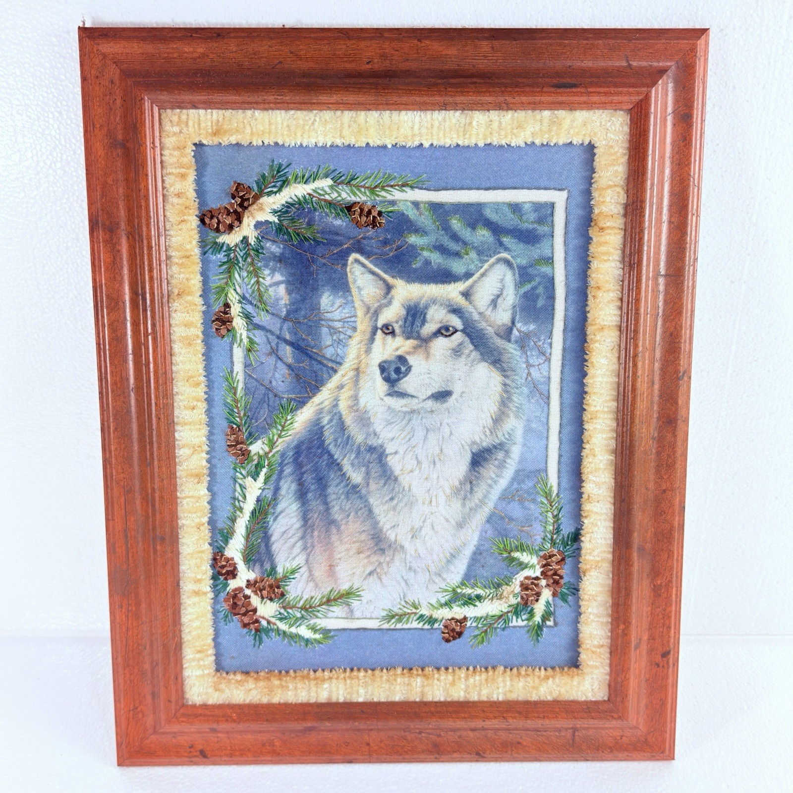 VTG Hand Stitched Needlework Framed Art Northern Wolf & Pinecones 20x16\