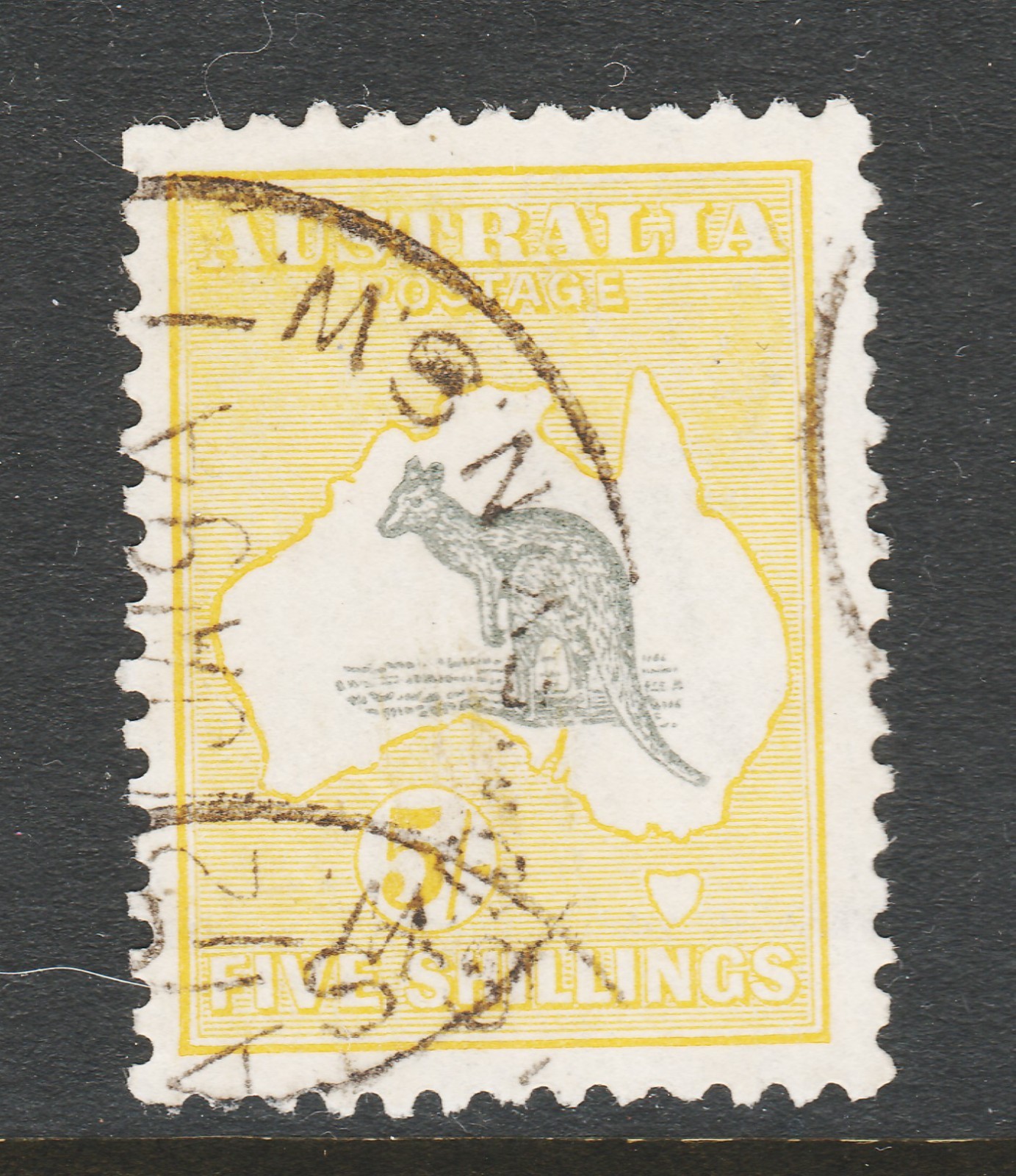 1915 THIRD WATERMARK 5/- YELLOW-GREY  KANGAROO FINE USED SG  42 £120 VERY CHEAP
