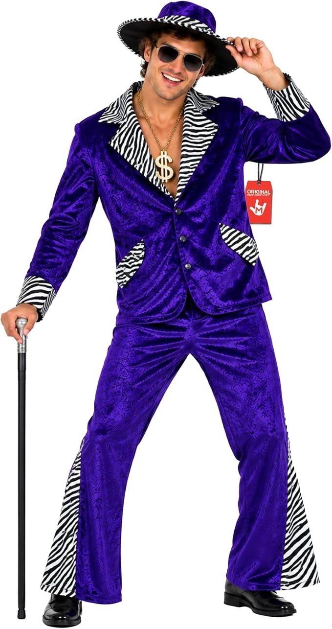 Men`s Purple Pimp Daddy Costume + Hat 1970s Big Daddy Velvet Suit Halloween Men`s Purple Pimp Daddy Costume + Hat 1970s Big Daddy Velvet Suit Halloween