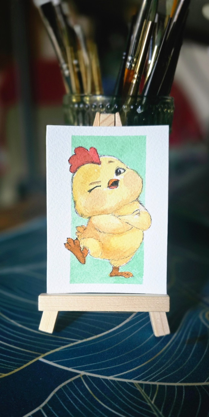ACEO OG Watercolor – Sassy Chick(en) -Feathered Folk  #018 OOAK Signed 2.5x3.5