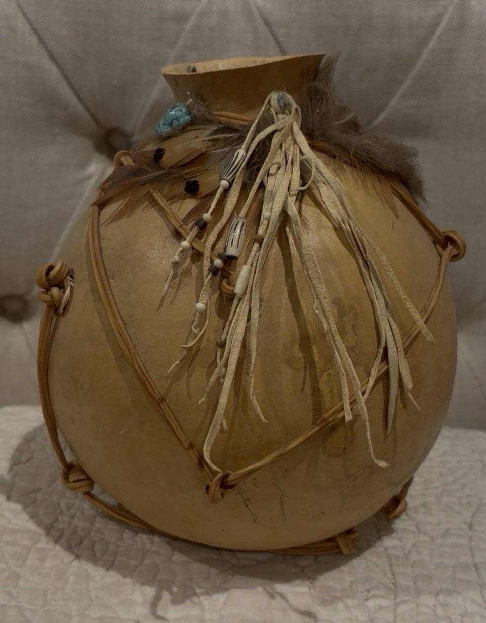 Vintage 1996 Ceremonial Gourd Sea Kelp Turquoise Signed Rita Ray Irwin w/Tag