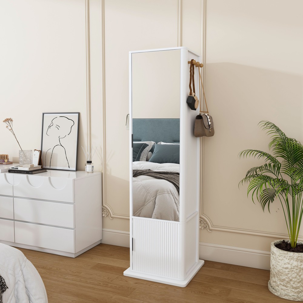 360° Rotating Makeup Jewelry Cabinet w/ Full-Length Mirror,Freestanding Storage