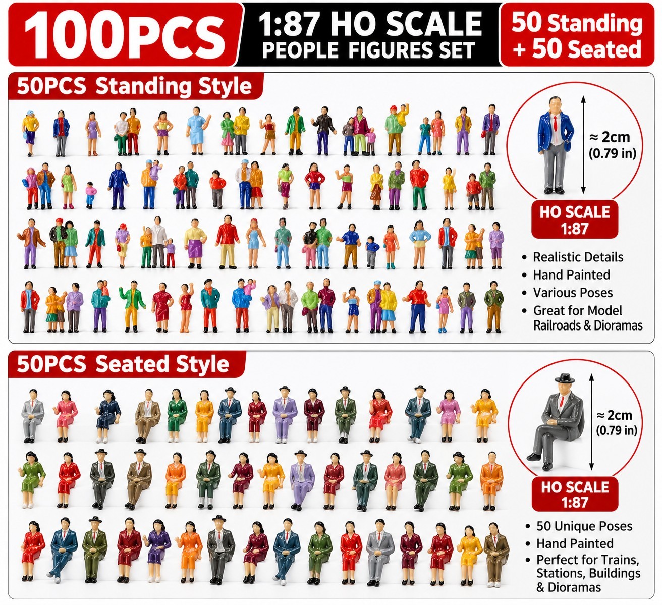 100pcs Different Poses HO Scale 1:87 Well Painted Standing Seated People Figures