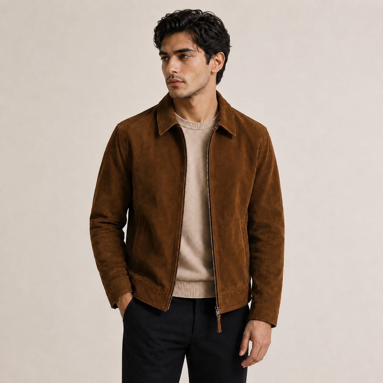 Men Suede Leather Jacket Brown Genuine Classic Smart Casual Bomber Trucker Coat.