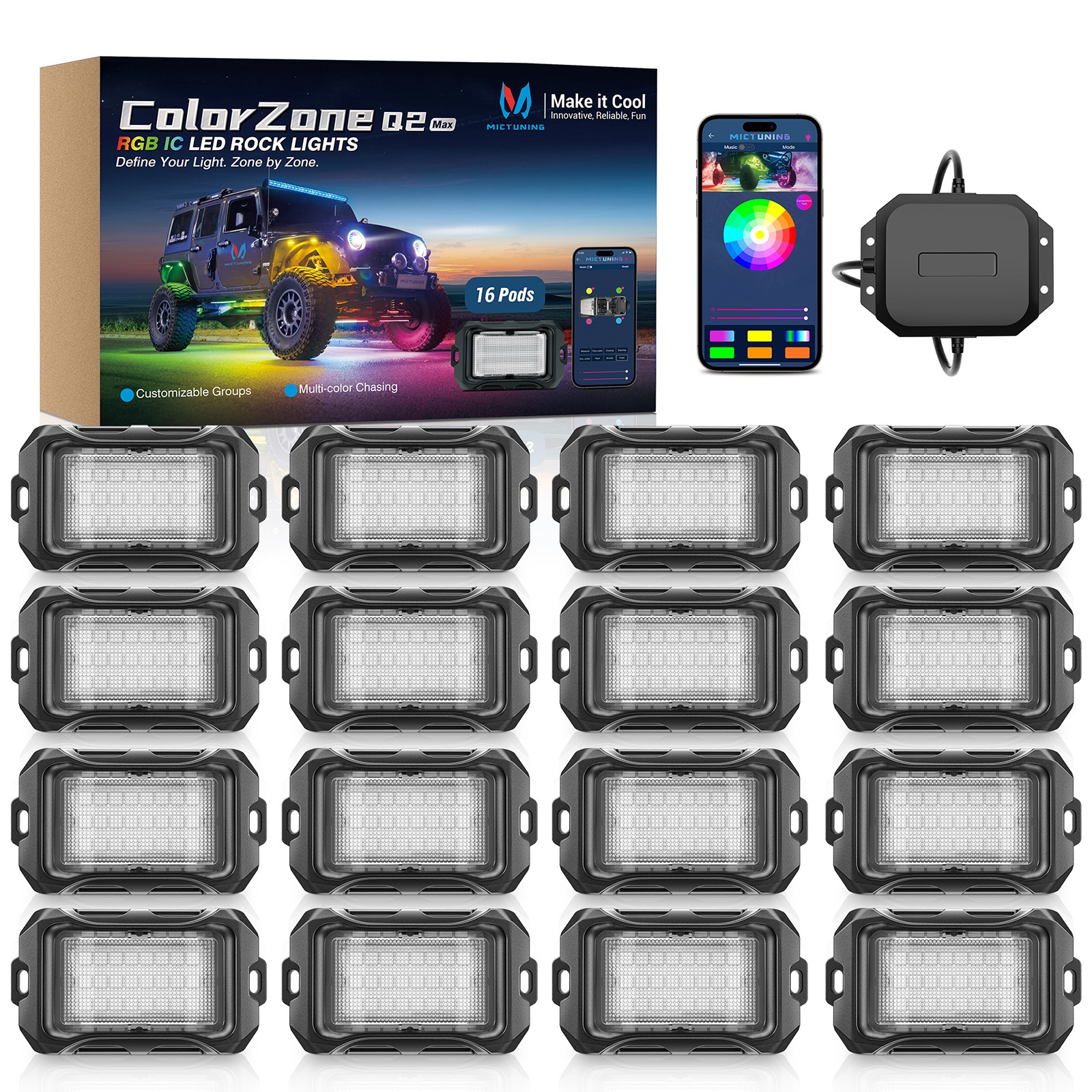 MICTUNING Q2 MAX RGB+IC Rock Lights 16 Pods Multi-Color DIY Underglow Neon Kit