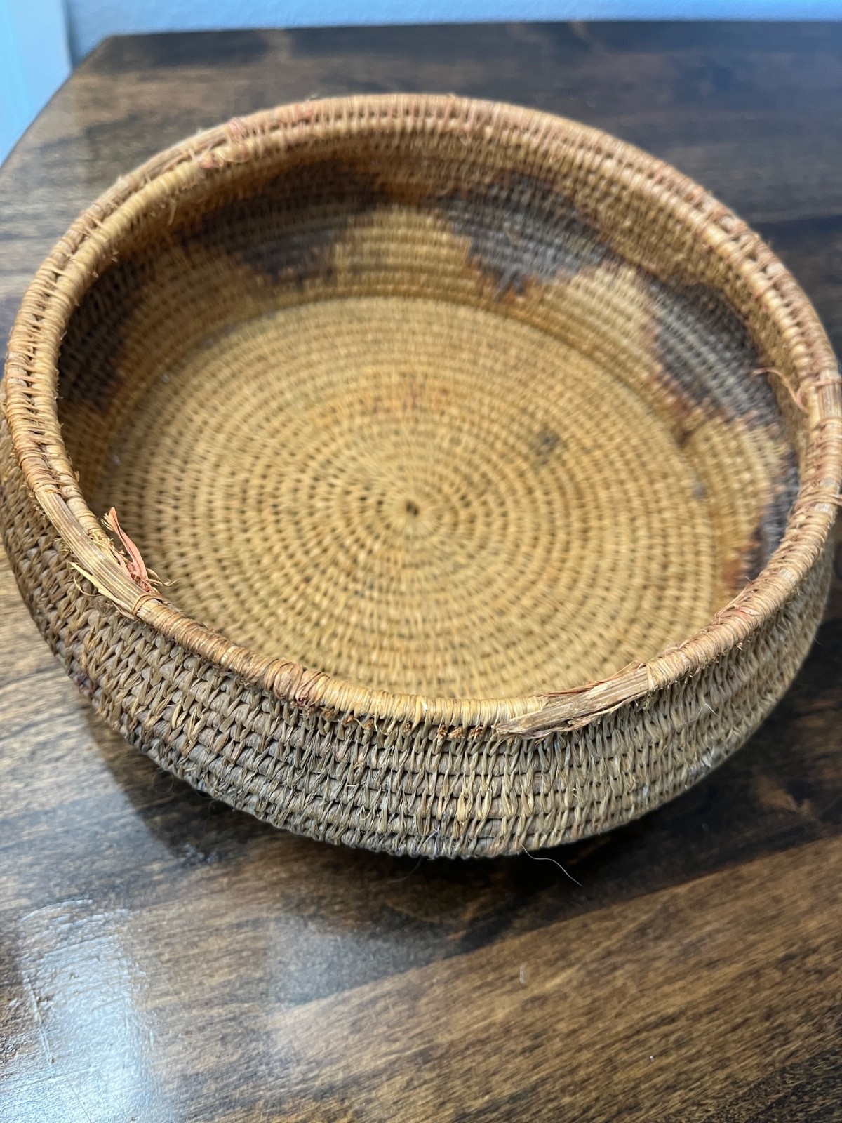 Antique/Vintage Hand-Coiled Fiber Basket – Aged Patina with Faded Interior