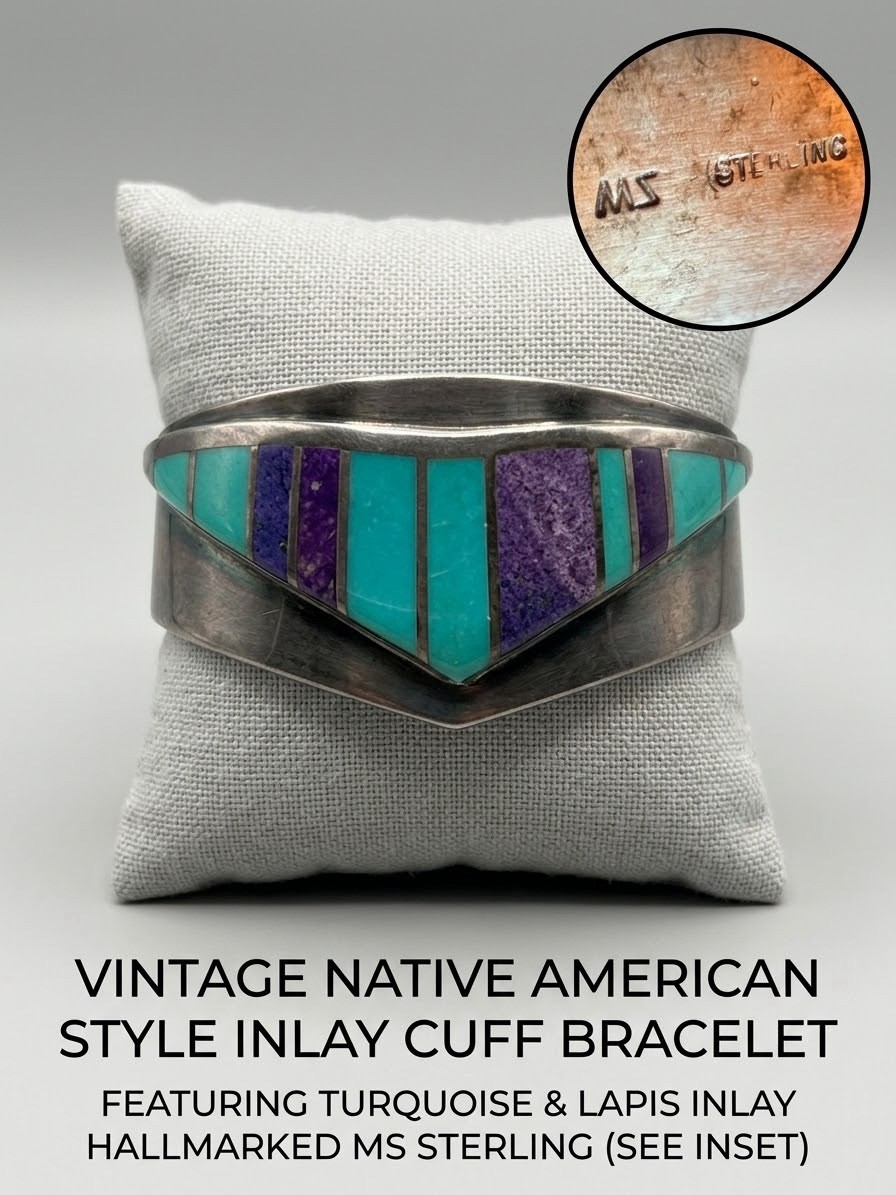 Vintage Native American Style Inlay Cuff Bracelet Sterling Silver MS Turquoise