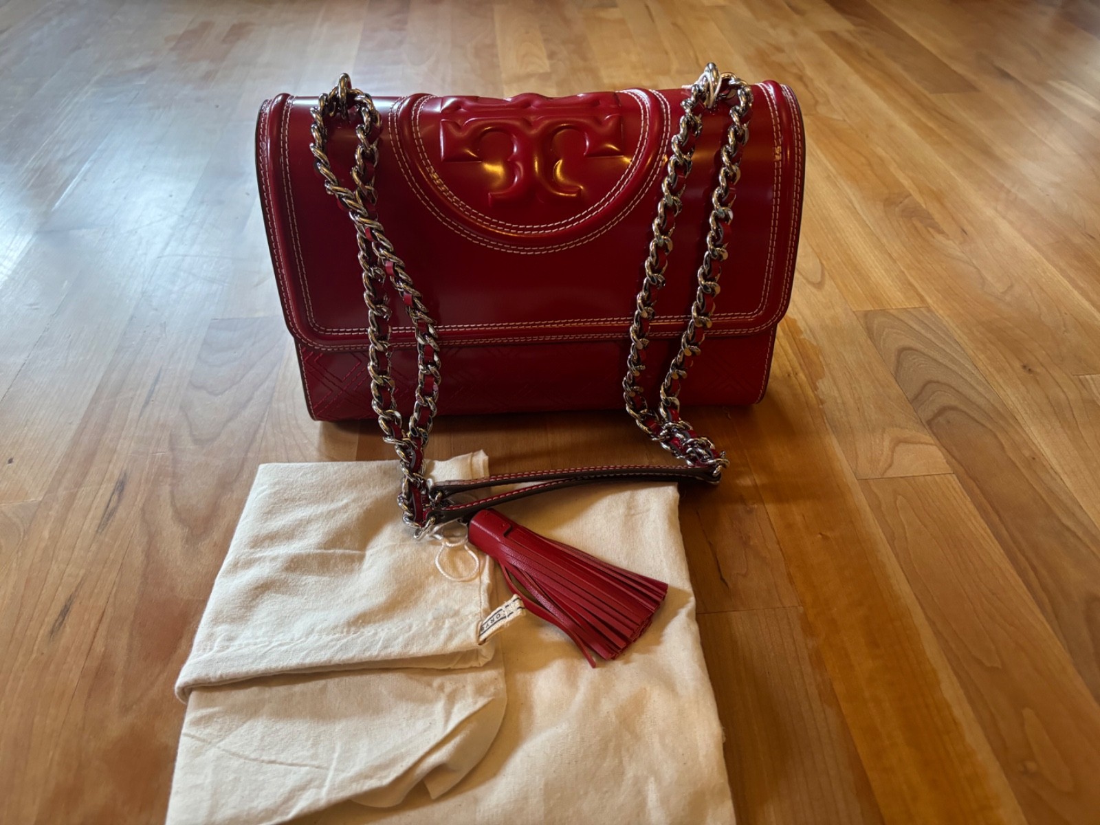 Tory Burch Fleming Spazzolato Bag Tory Red NWT $798 145994 + Dust Bag