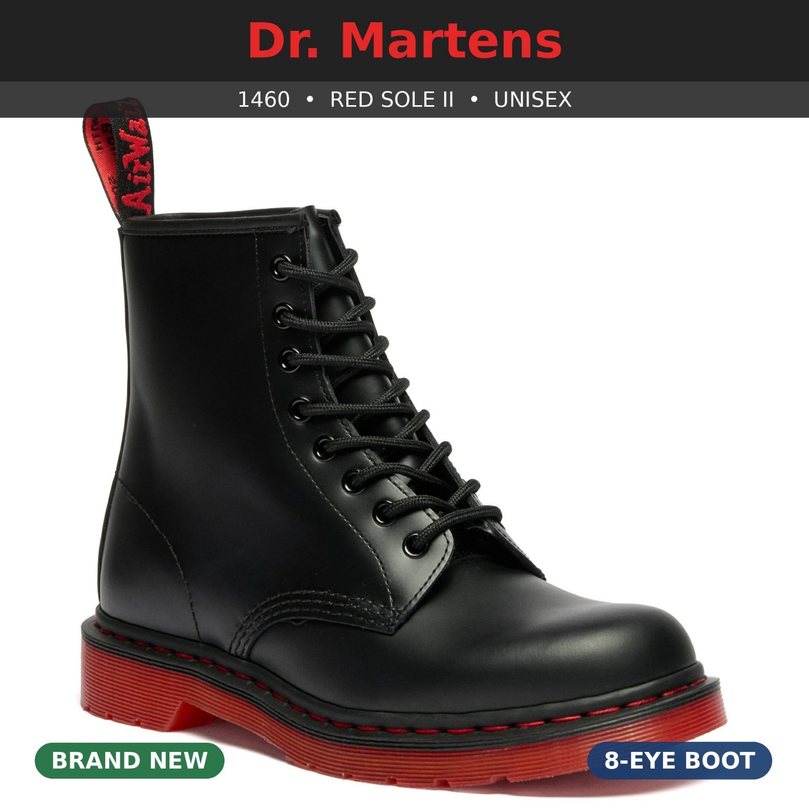 Dr Martens 1460 Red Sole II 8 Eye Leather Boots Black Unisex 43421001 New