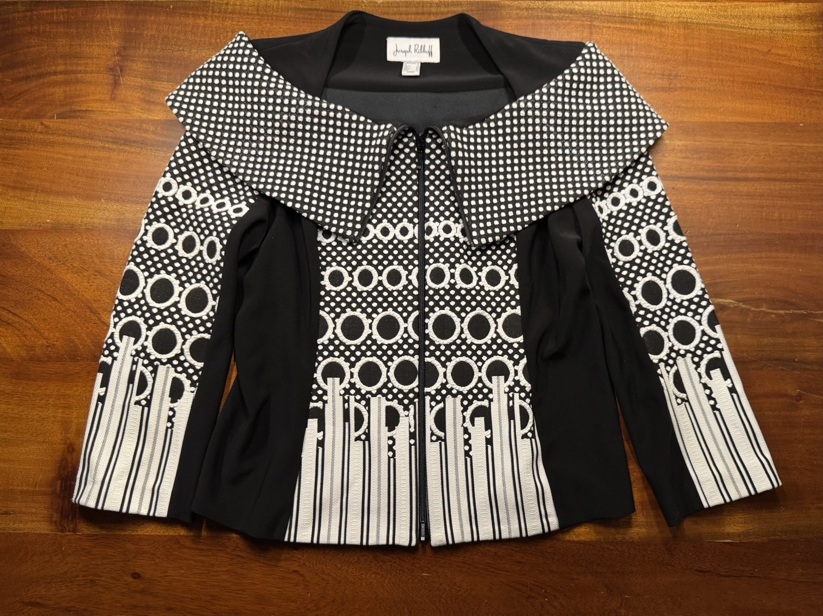 Joseph Ribkoff Jacket Black Geometric Mixed Print Full Zip Portrait Collar Sz 10