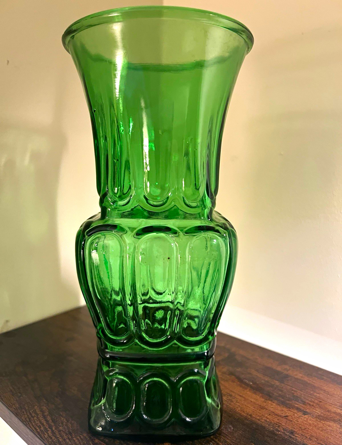 Vintage Emerald Green Pressed Glass Vase 9.5” Retro MCM Geometric Paneled