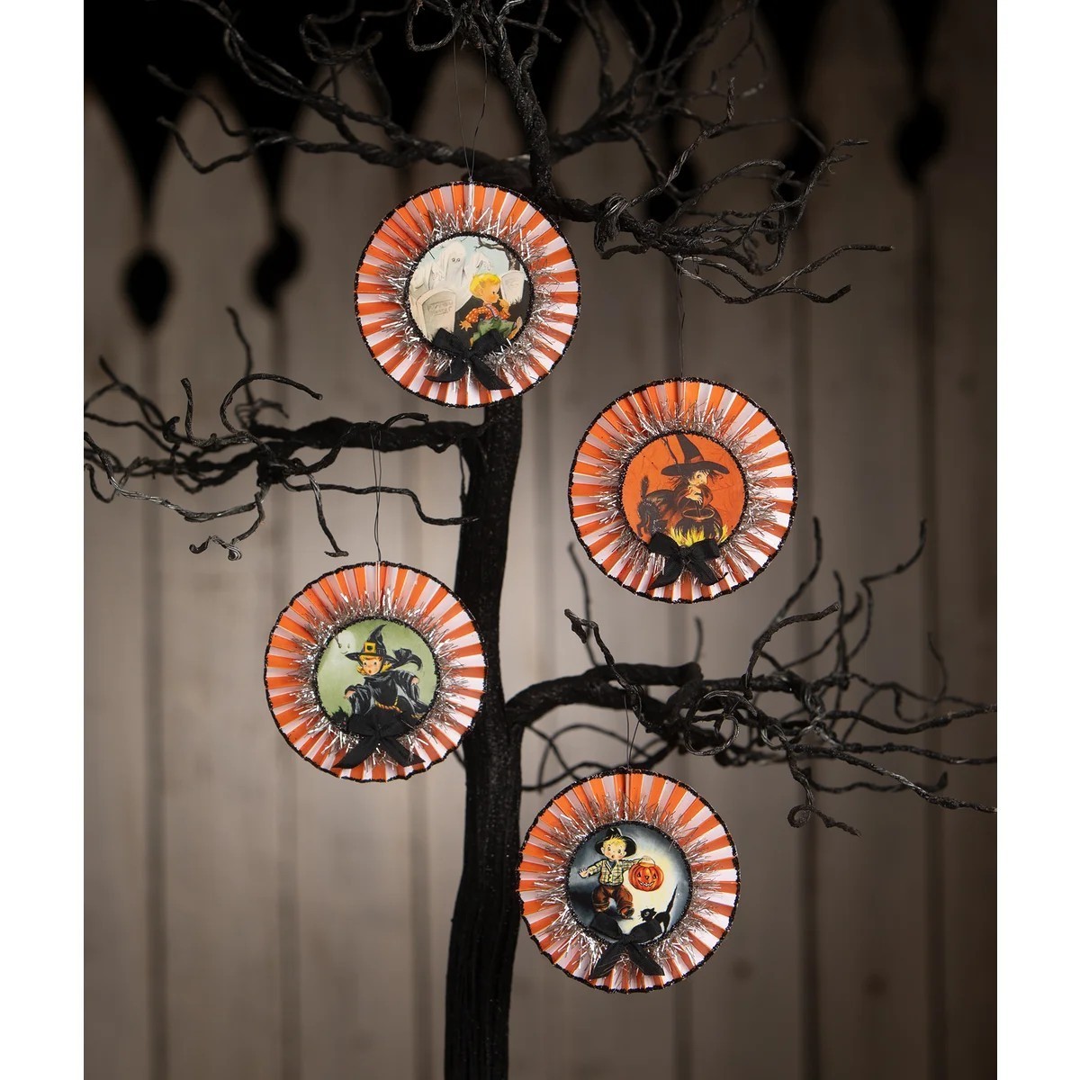 New Bethany Lowe Halloween Set of 4 Retro Rosettes Ornaments TL4358 Ships Free