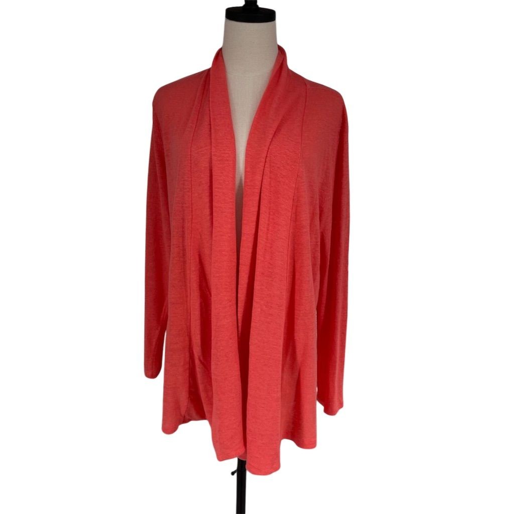 J. Jill Love Linen Women\'s Cardigan L Coral Open Front Long Sleeve