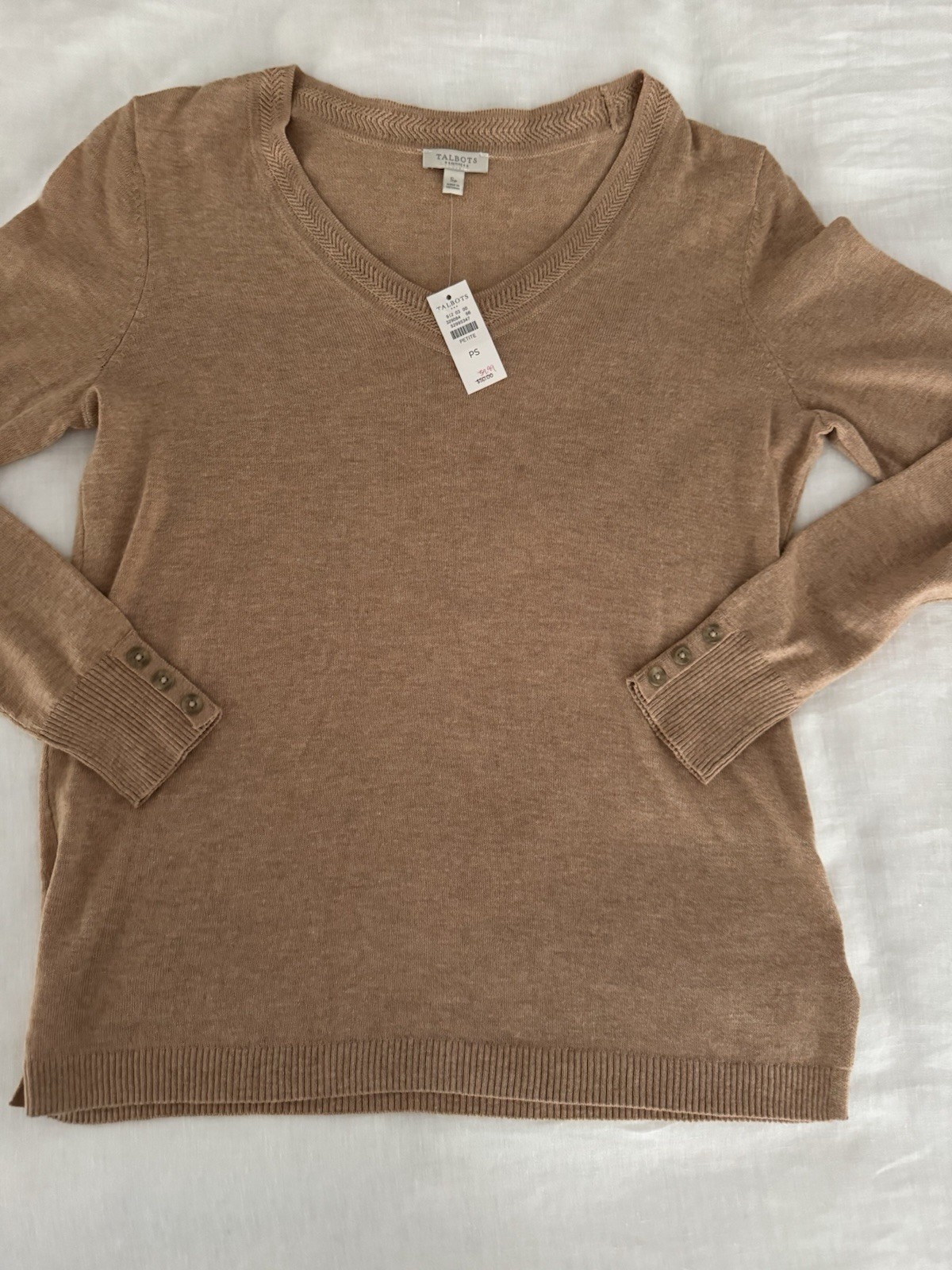 Talbots Petite PS Sweater Tan Brown V Neck Long Sleeve Button Cuff NWT
