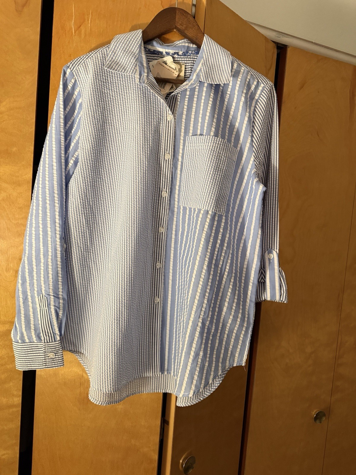 Women\'s Long Sleeve Striped Shirt Size L Casa Cabana Blue White