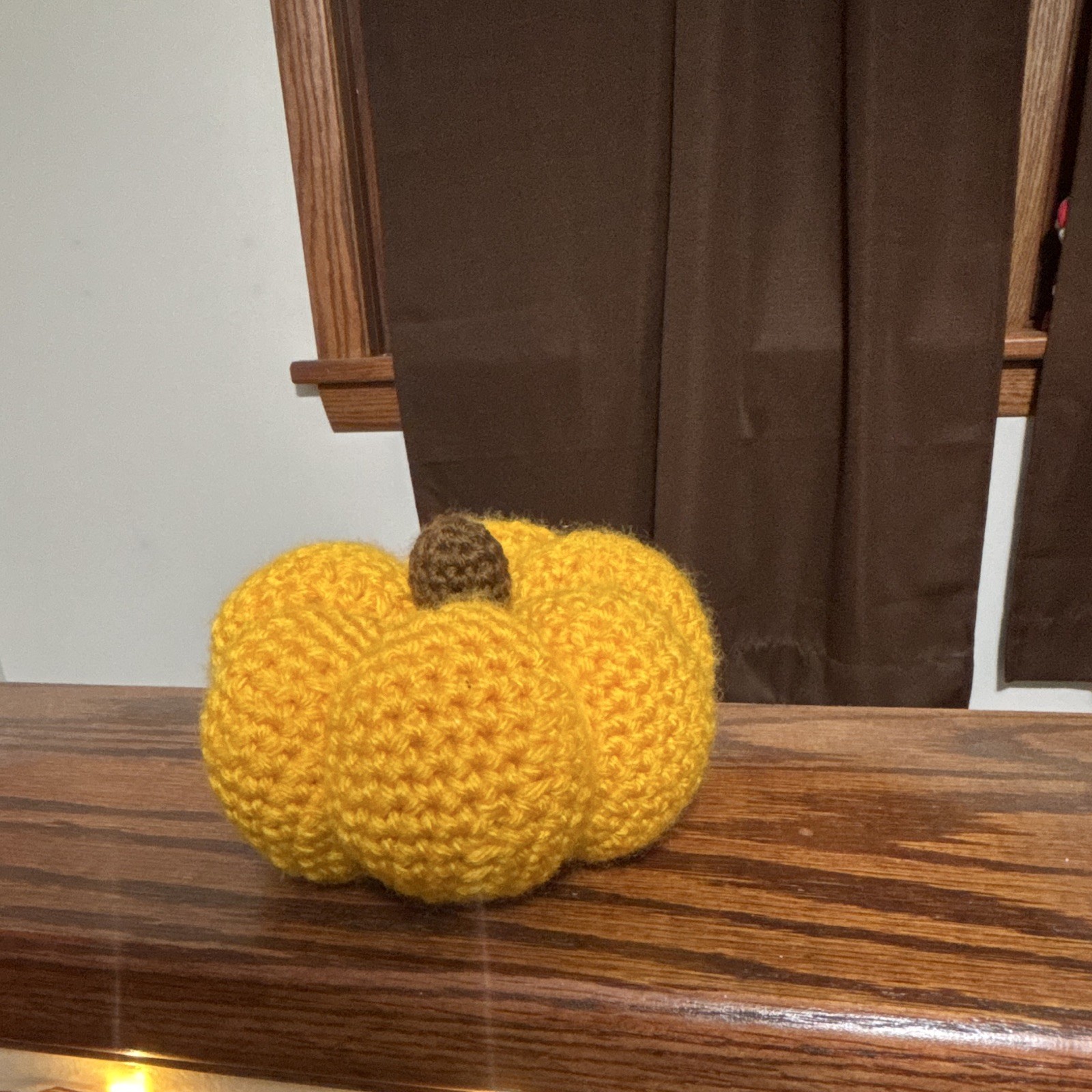 Handmade Crochet Pumpkin Figurine Orange/Brown Yarn Freestanding 4.5x3.5in