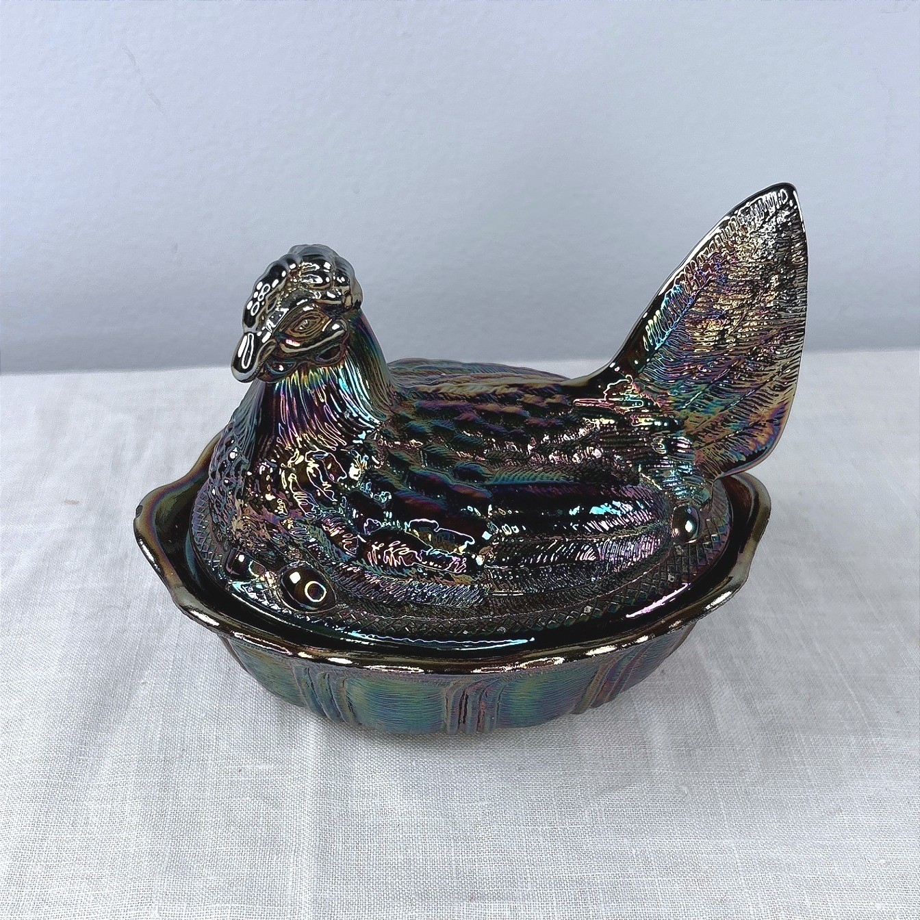 Fenton Black Carnival Glass Hen on Nest Covered Dish Iridescent Oil Slick 5.5