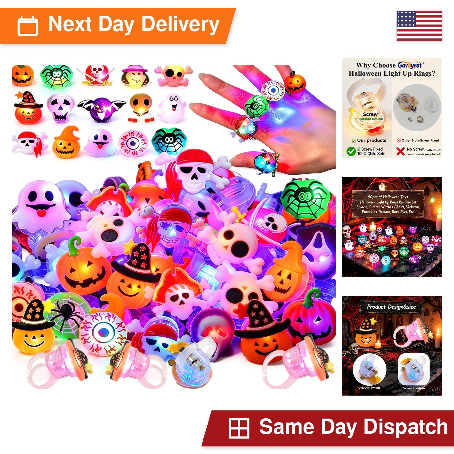 Gavoyeat Halloween Light Up Rings 50Pcs LED Glowing Party Favors for Kids