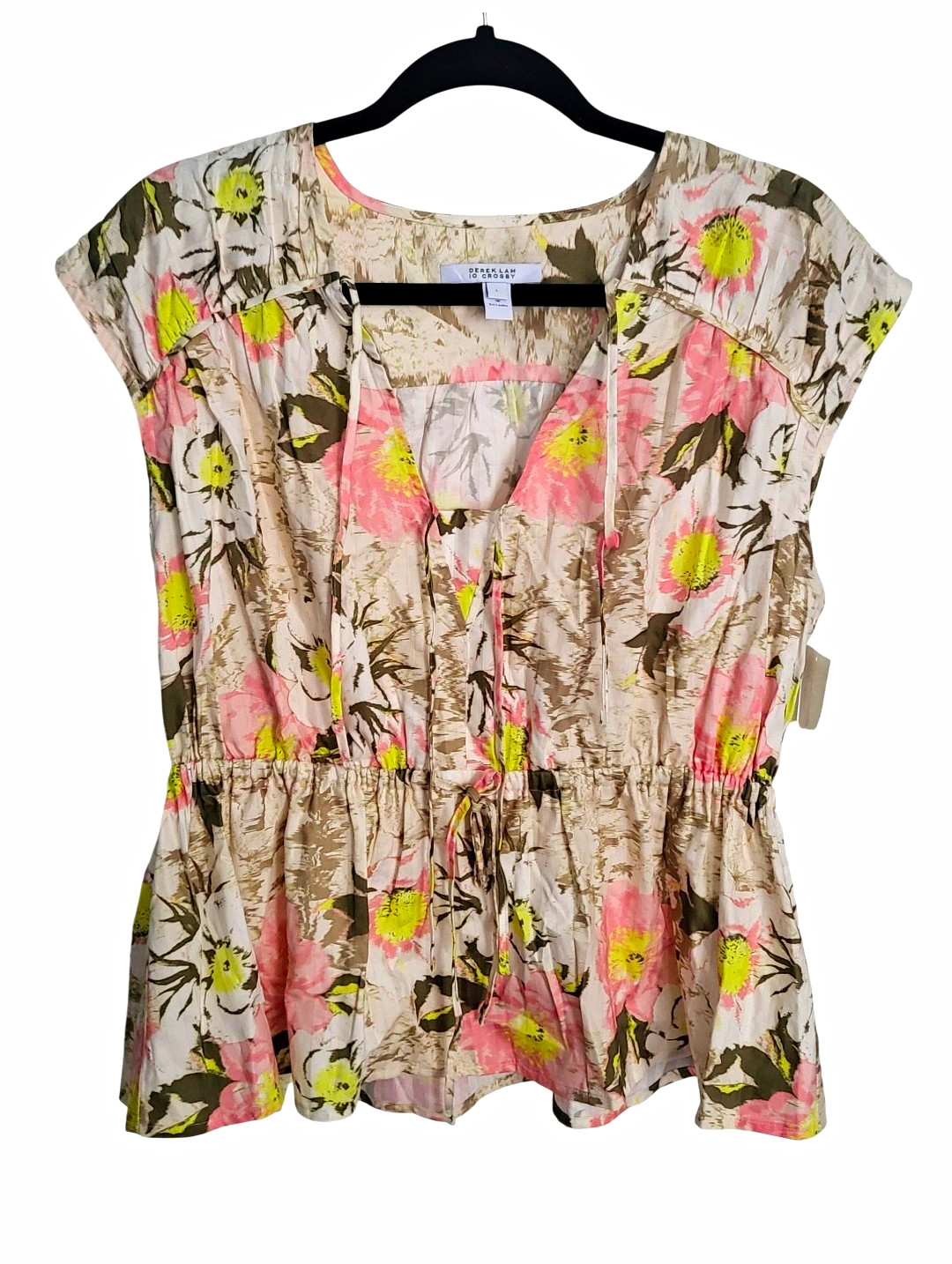 Derek Lam 10 Crosby Women\'s Floral Drawstring Cap Sleeve Blouse Size L