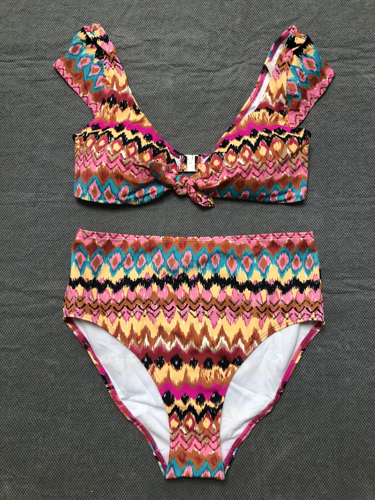 Boden Swimsuit Womens 8 Multicolor Ikat Bikini High Waisted Ruffle Lined Stretch
