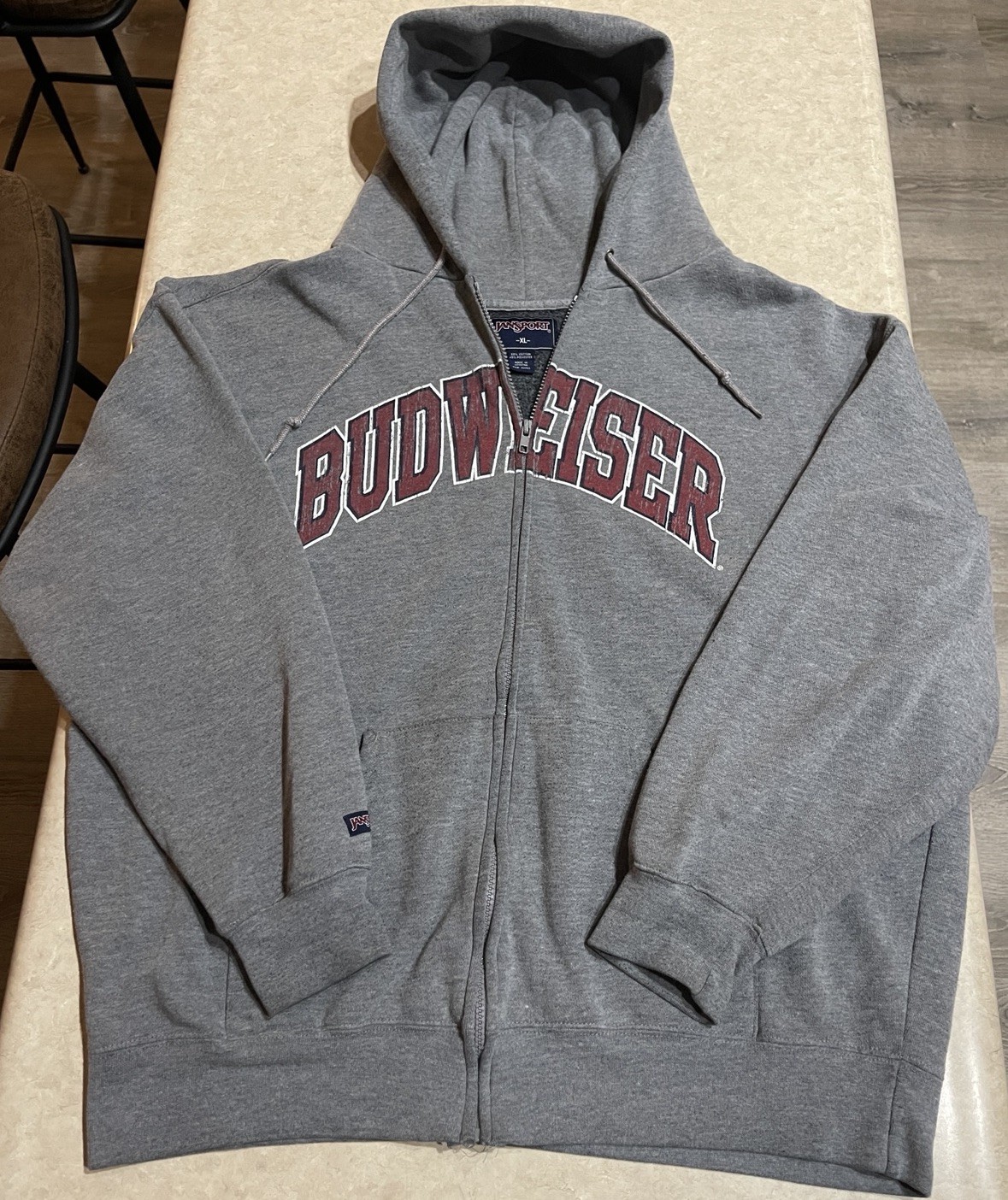 Vtg Jansport Men\'s Hoodie Sweatshirt Budweiser Spellout Zip Up Gray Y2K Size XL