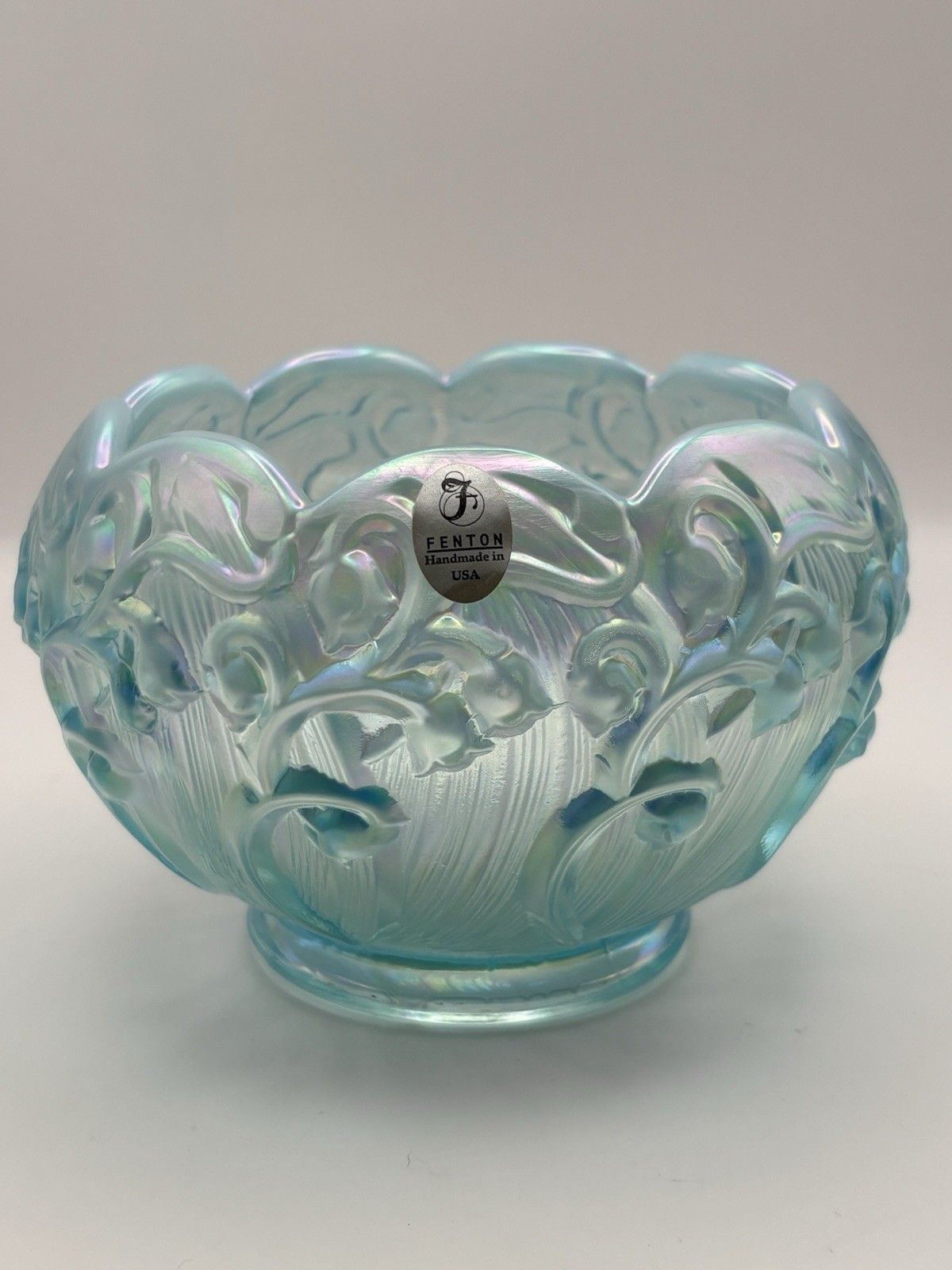 Vintage Fenton Aqua Blue Carnival Glass Lily of the Valley Rose Bowl 4” 