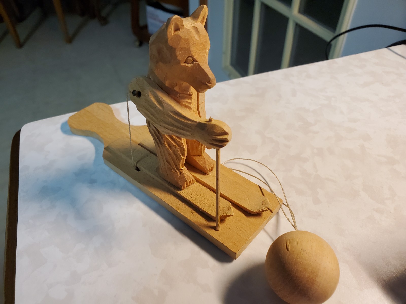 Vintage Hand-Carved Mechanical Folk Russian Wood Toy - Bear Skiing -Bogorodskoye