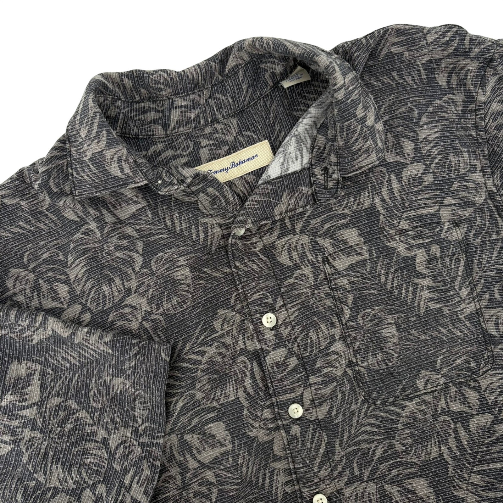 Tommy Bahama Mens Medium Grey Tonal Tropical Leaf Tencel Modal Button Down Shirt