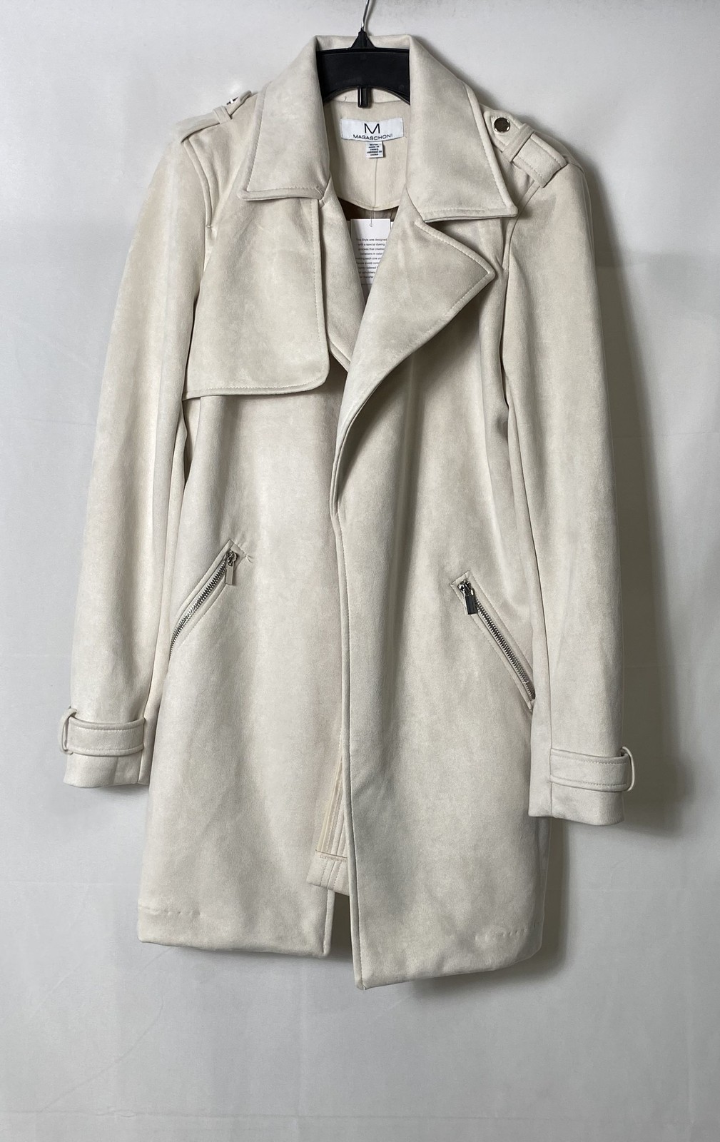 Magaschoni Women\'s Cream Faux Leather Moto Trench Jacket Belted NWT Sz M