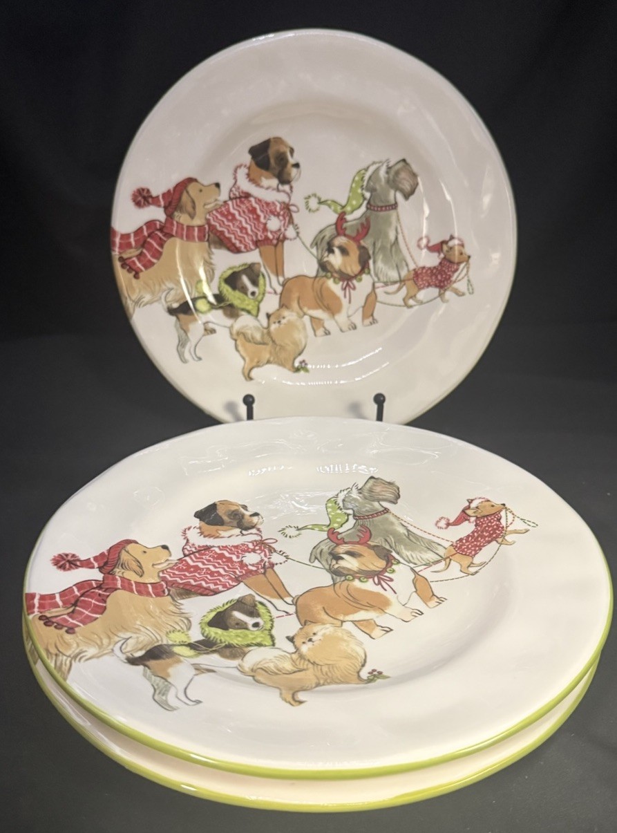 Three (3) Pier 1 Imports Park Avenue Puppies Dogs Salad Dessert Plates 8.75”