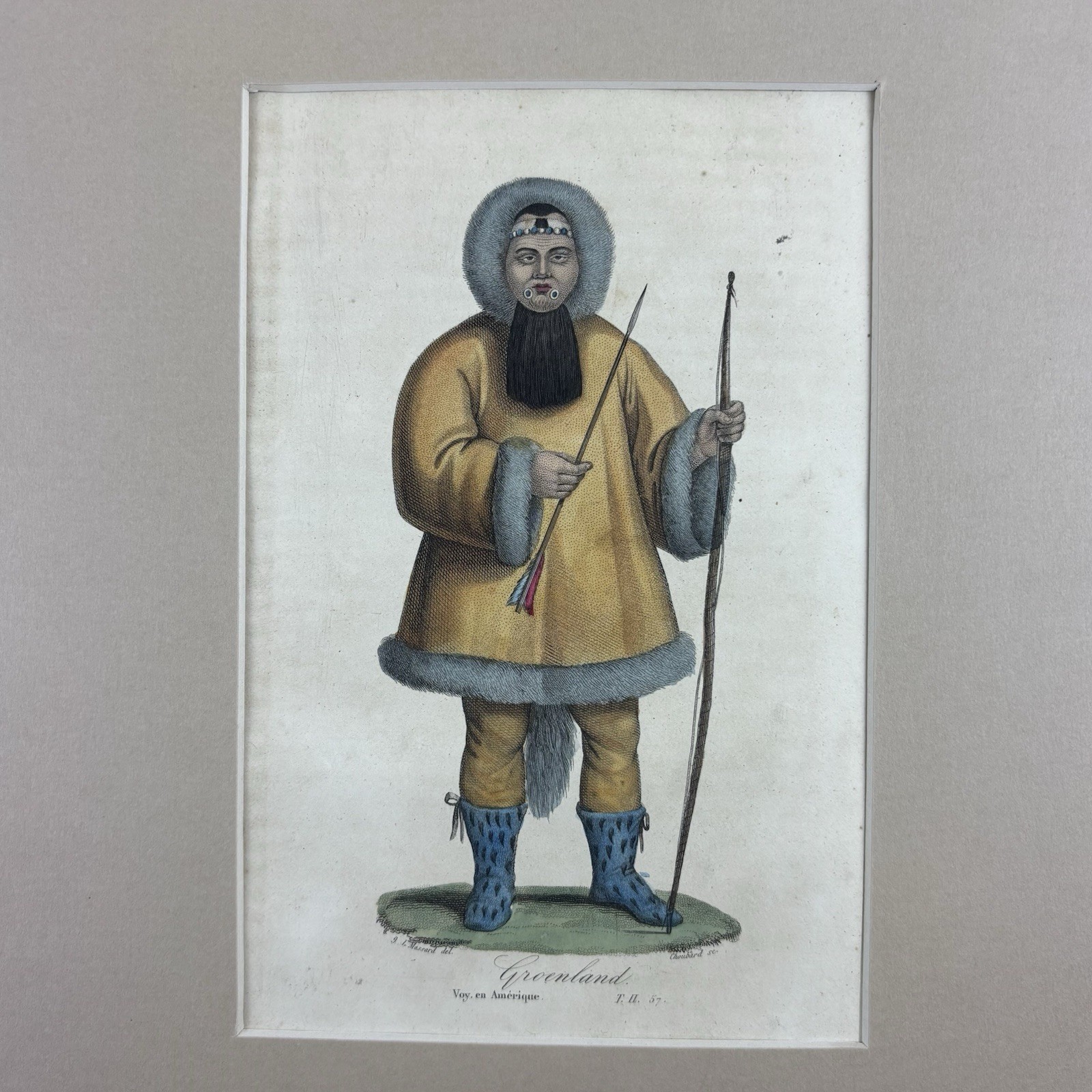 Antique c1844 Hand Colored Engraving Greenland Inuit Hunter Massard Choubard Antique c1844 Hand Colored Engraving Greenland Inuit Hunter Massard Choubard