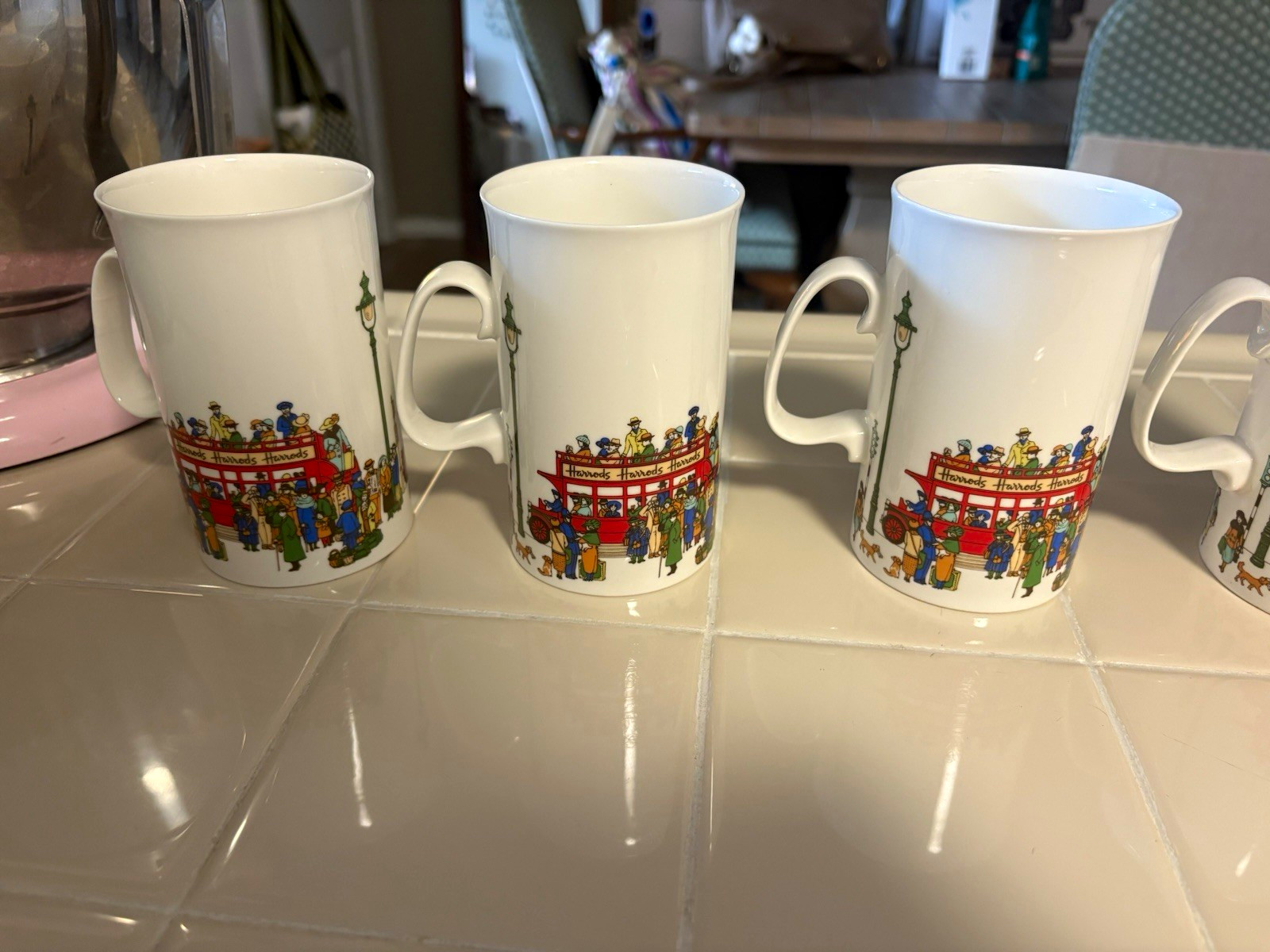 Harrods London Double Decker Bus Pictorial White Ceramic Mugs Set of 6
