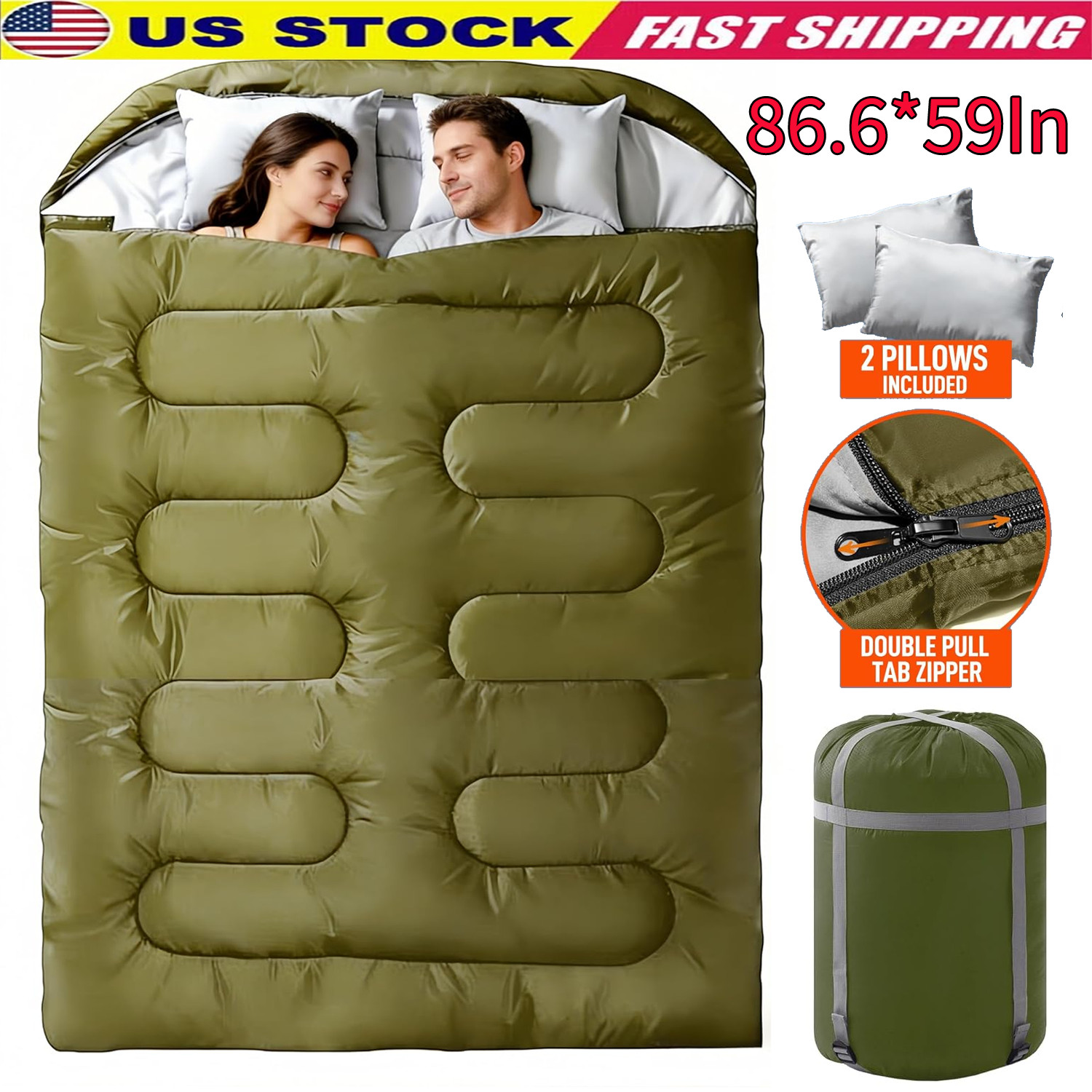 Double Sleeping Bag for Adults Queen Size XL,Oversized Sleeping Bags W/2 Pillows