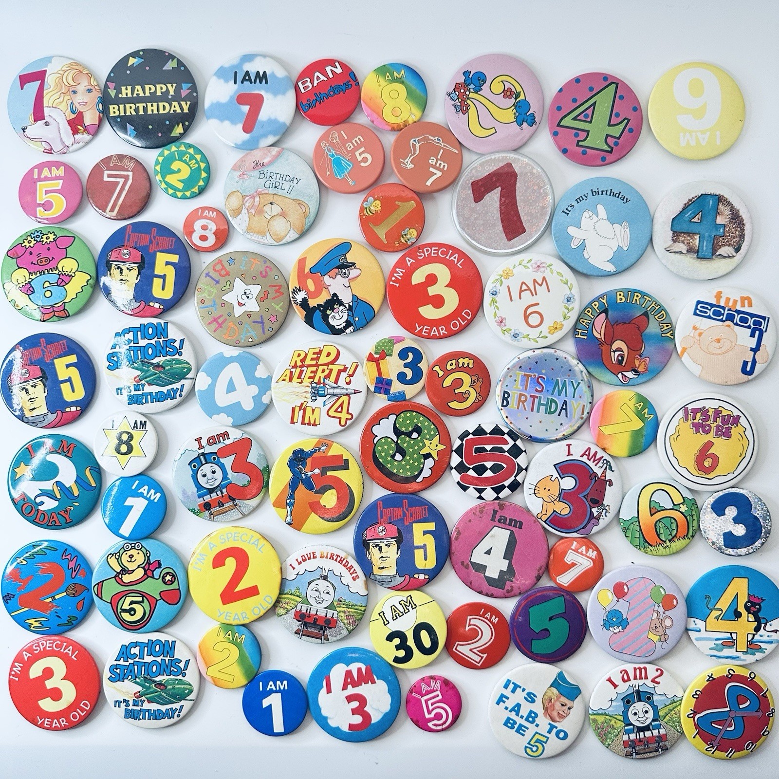 Vintage Birthday Pin Badges Job Lot x67 Retro Kids Age 1-9 Button Badges 67pcs