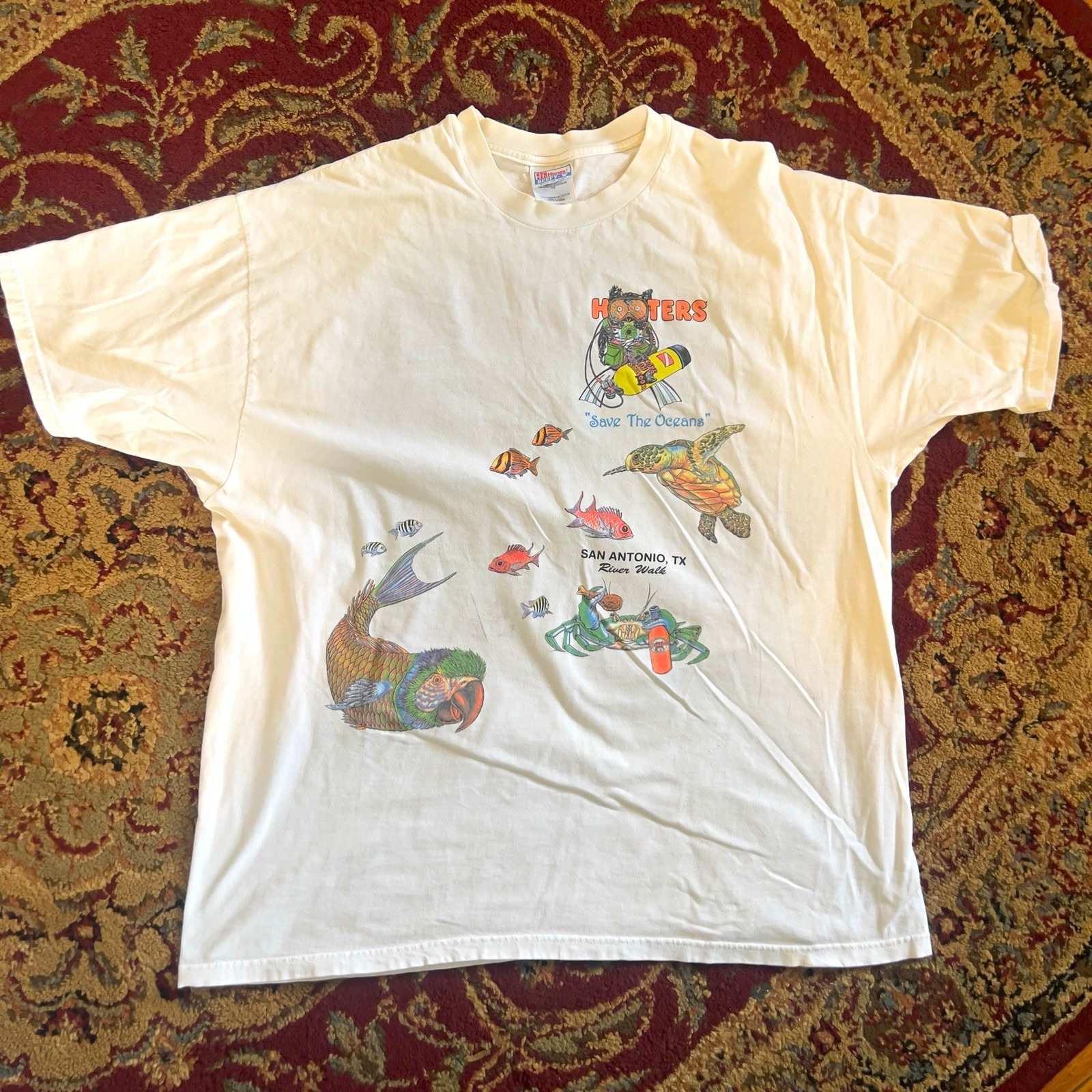 Vintage Hooters Save The Oceans San Antonio TX River Walk glitter Tee 2XL White Vintage Hooters Save The Oceans San Antonio TX River Walk glitter Tee 2XL White