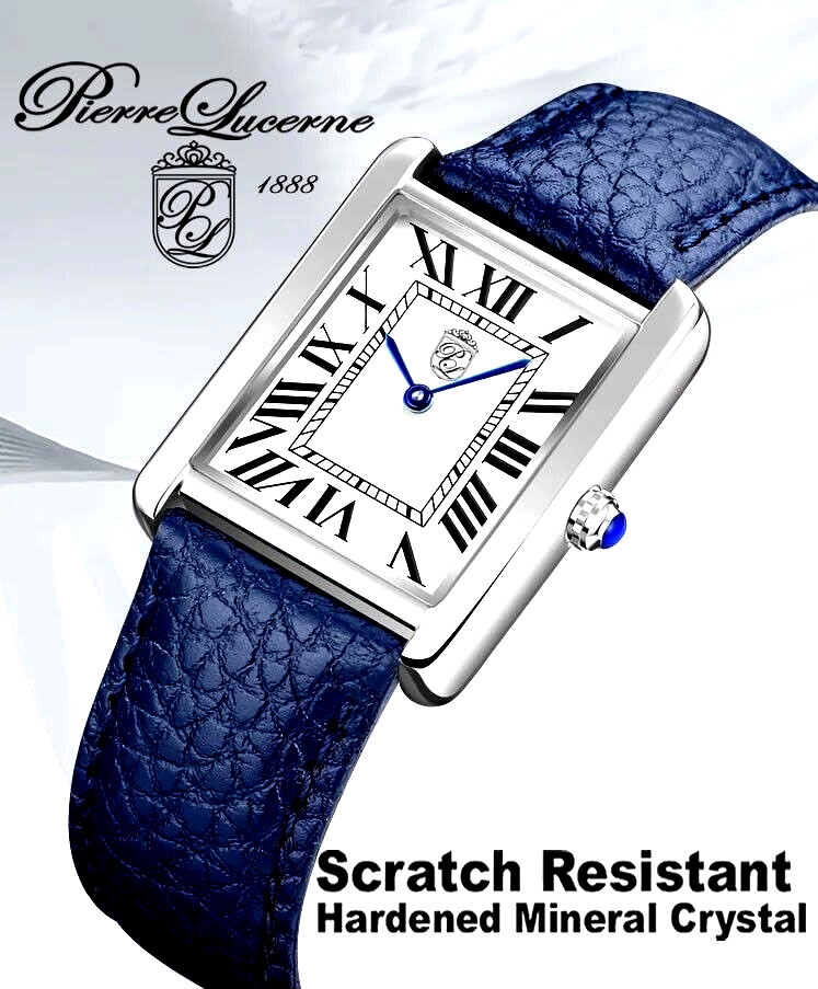 Pierre Lucerne 1888 Tank Swiss Inspired Design Blue Band Roman Dial Mens Watch
