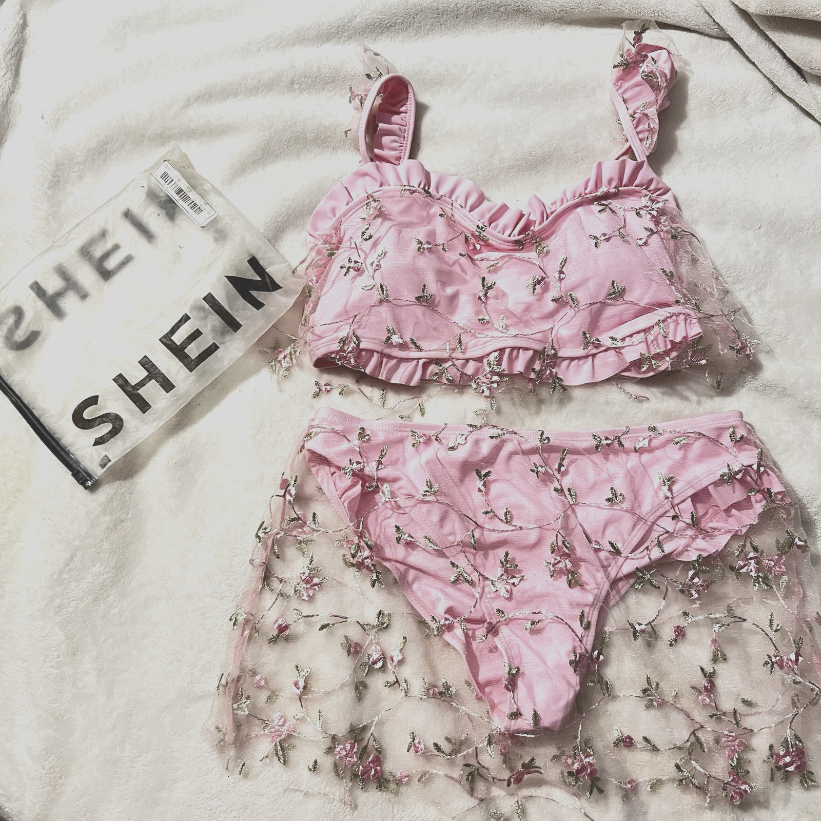 SHEIN Pink Floral Lingerie 2 Pc Set Bra Skirt Pantie Lace Sexy Romantic Love LG