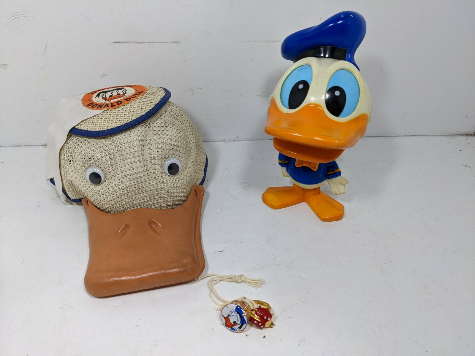 Vintage Walt Disney World Donald Duck Hat, Pull Toy, and Rings